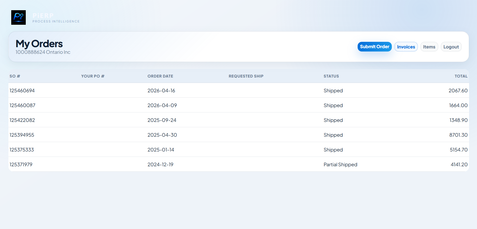 Customer portal order inquiry showing sales order status and totals