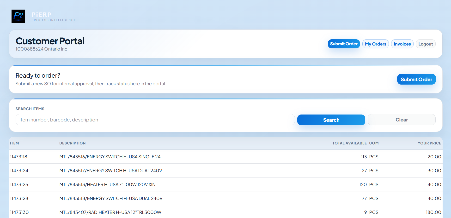PiERP customer portal order submission with item search, available stock and customer pricing