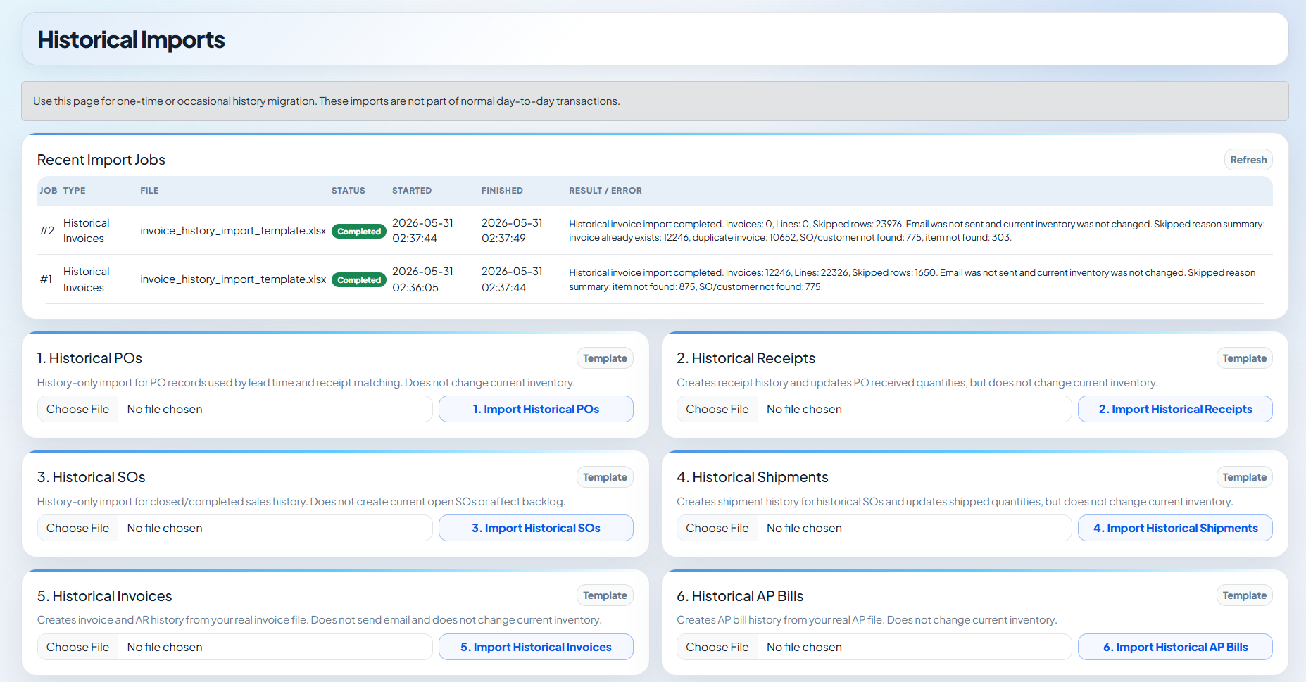 Actual PiERP historical import workflow screenshot