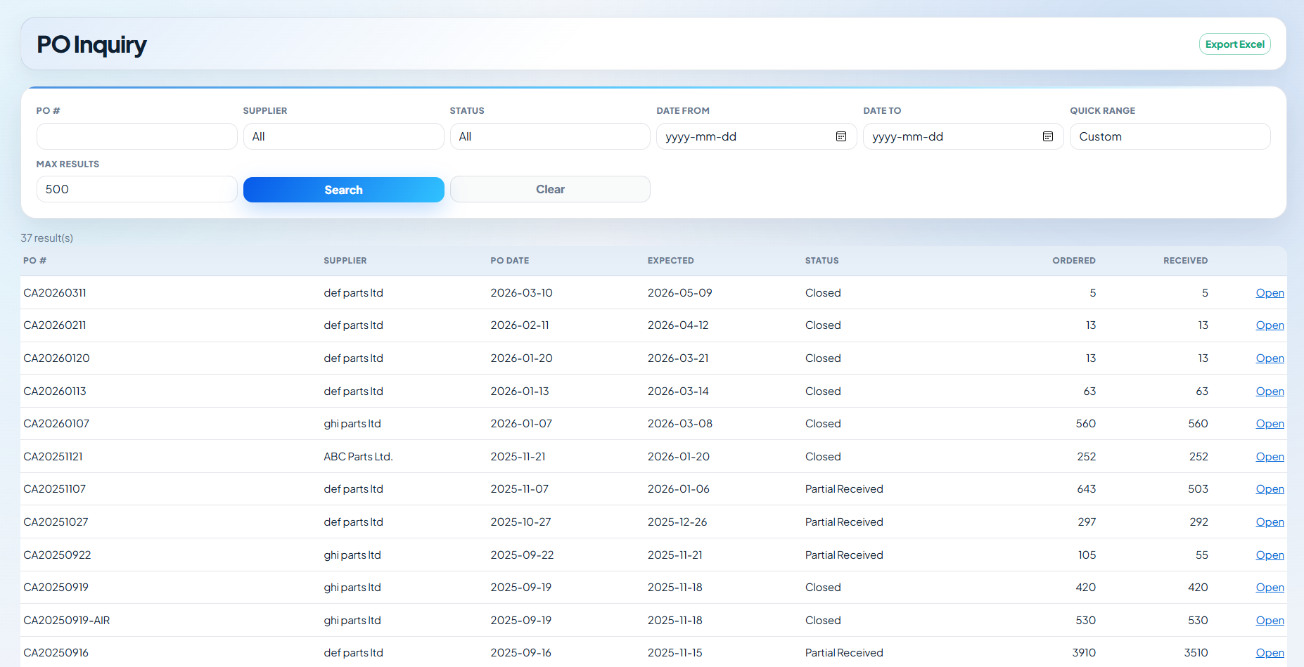 PiERP purchase order inquiry showing PO status and quantities