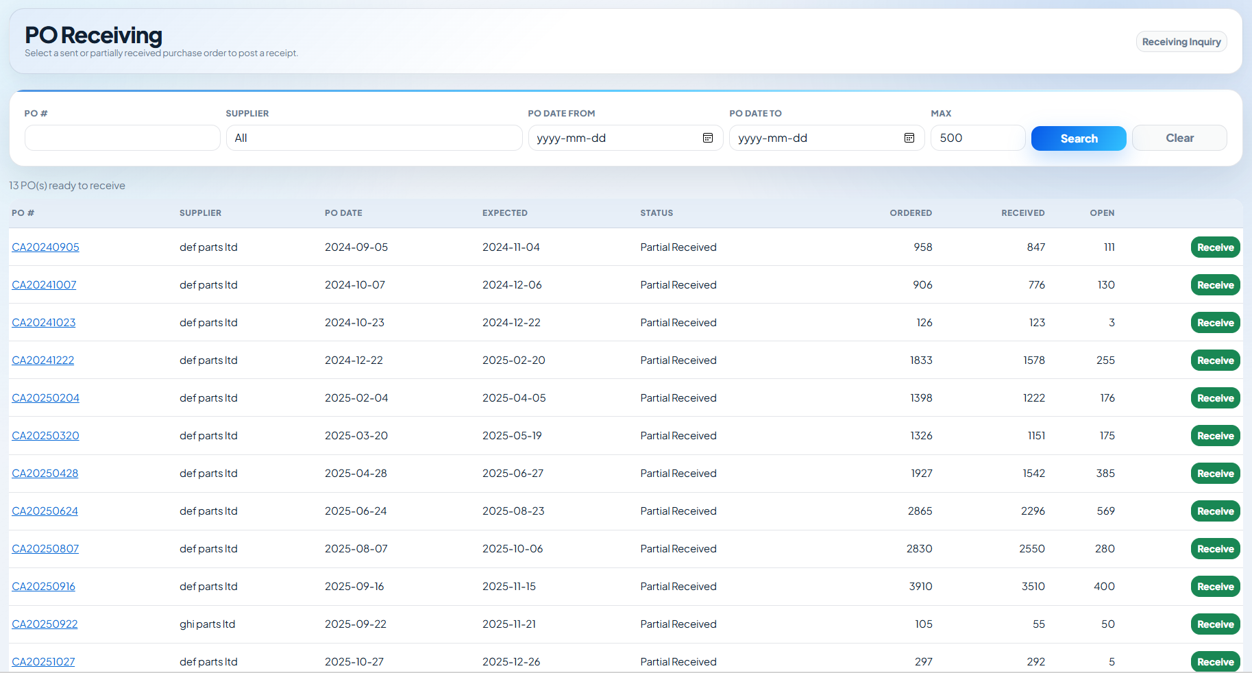Actual PiERP purchase order receiving screenshot